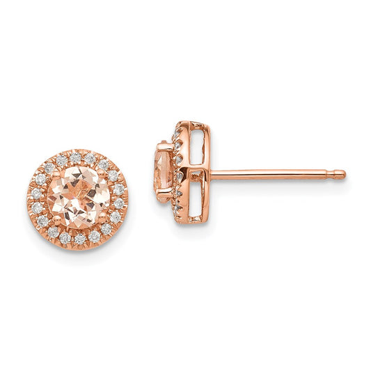 14k Rose Gold Round Morganite & Real Diamond Halo Earrings
