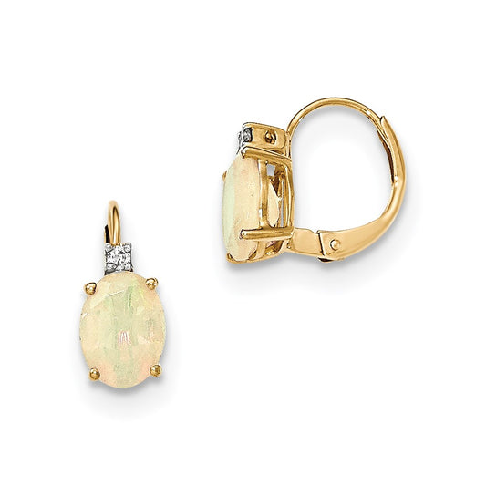 14k Yellow Gold Oval Australian Opal & Real Diamond Leverback Earrings