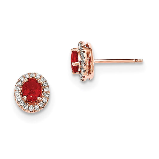 14k Rose Gold Oval Fire Opal & Real Diamond Halo Post Earrings