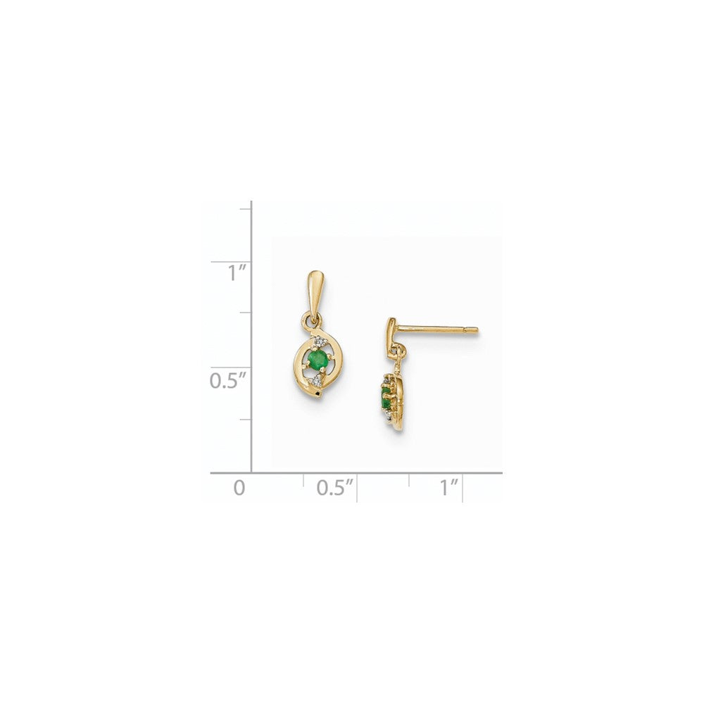 14k Yellow Gold Emerald and Real Diamond Post Dangle Earrings