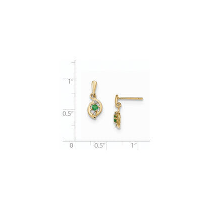 14k Yellow Gold Emerald and Real Diamond Post Dangle Earrings