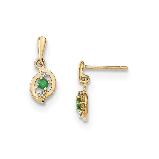 14k Yellow Gold Emerald and Real Diamond Post Dangle Earrings