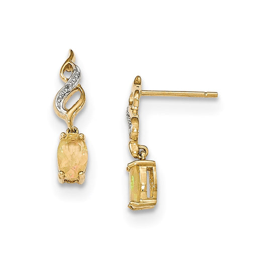 14k Yellow Gold Opal and Real Diamond Post Dangle Earrings