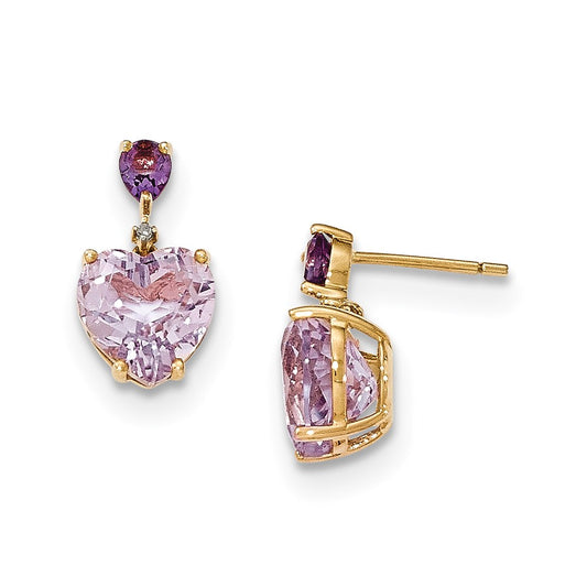 14k Yellow Gold Pink Quartz & Amethyst and Real Diamond Post Dangle Earrings