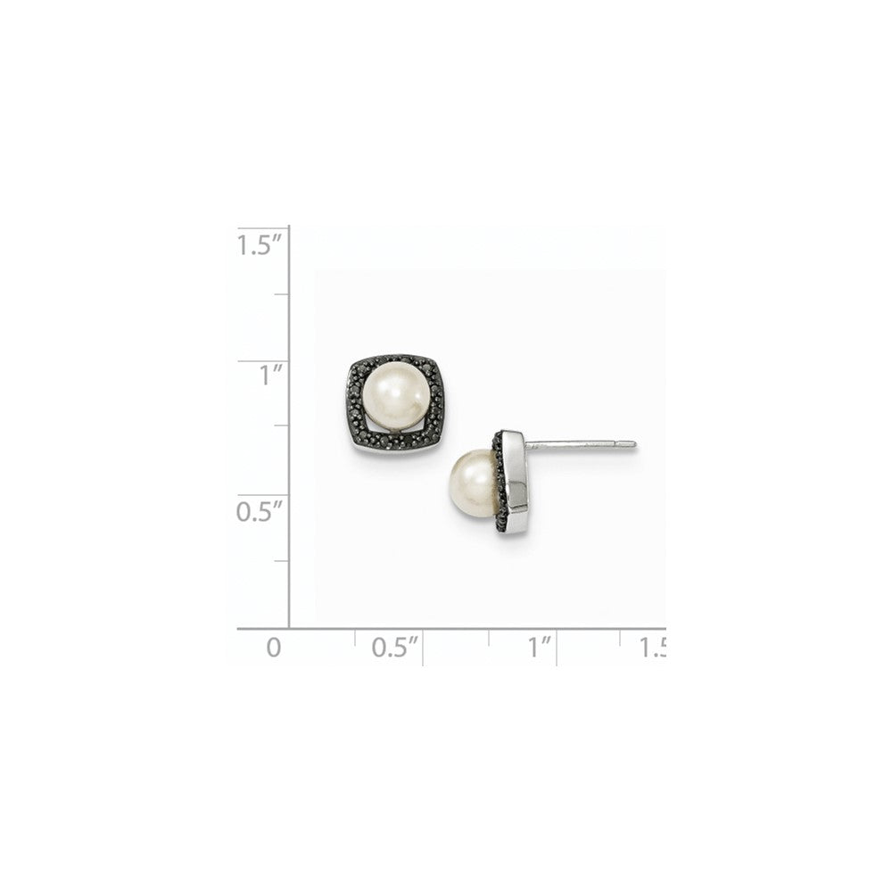 14k White Gold FW Cultured Pearl & Black Real Diamond Post Earrings