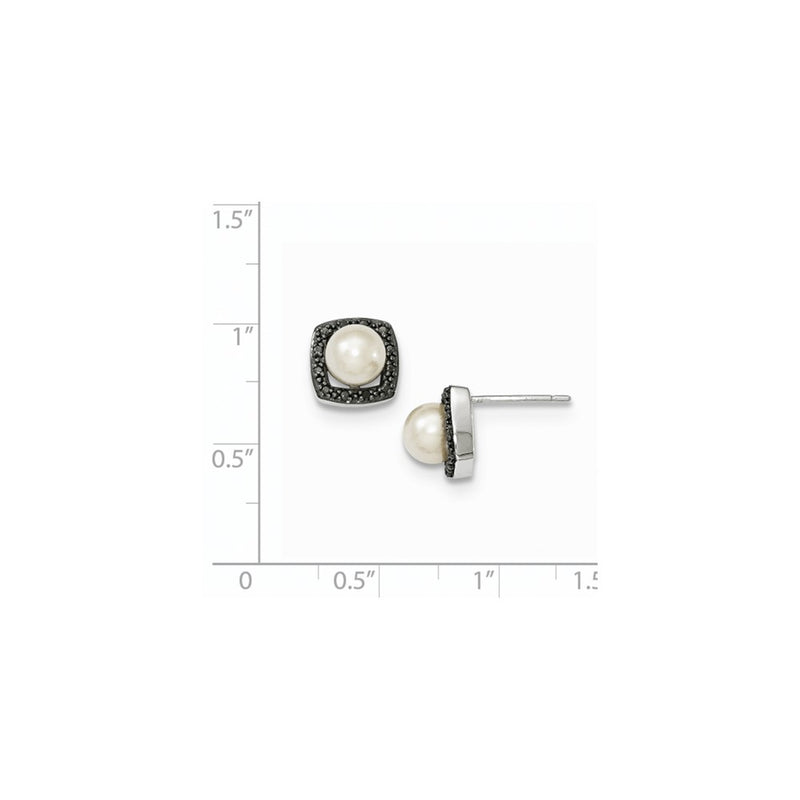 14k White Gold FW Cultured Pearl & Black Real Diamond Post Earrings