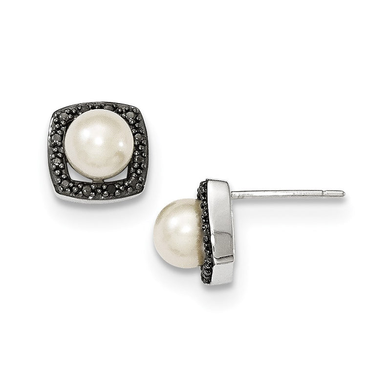 14k White Gold FW Cultured Pearl & Black Real Diamond Post Earrings