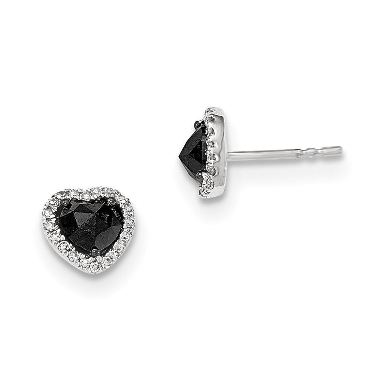 14k White Gold Black and White Real Diamond Heart Post Earrings