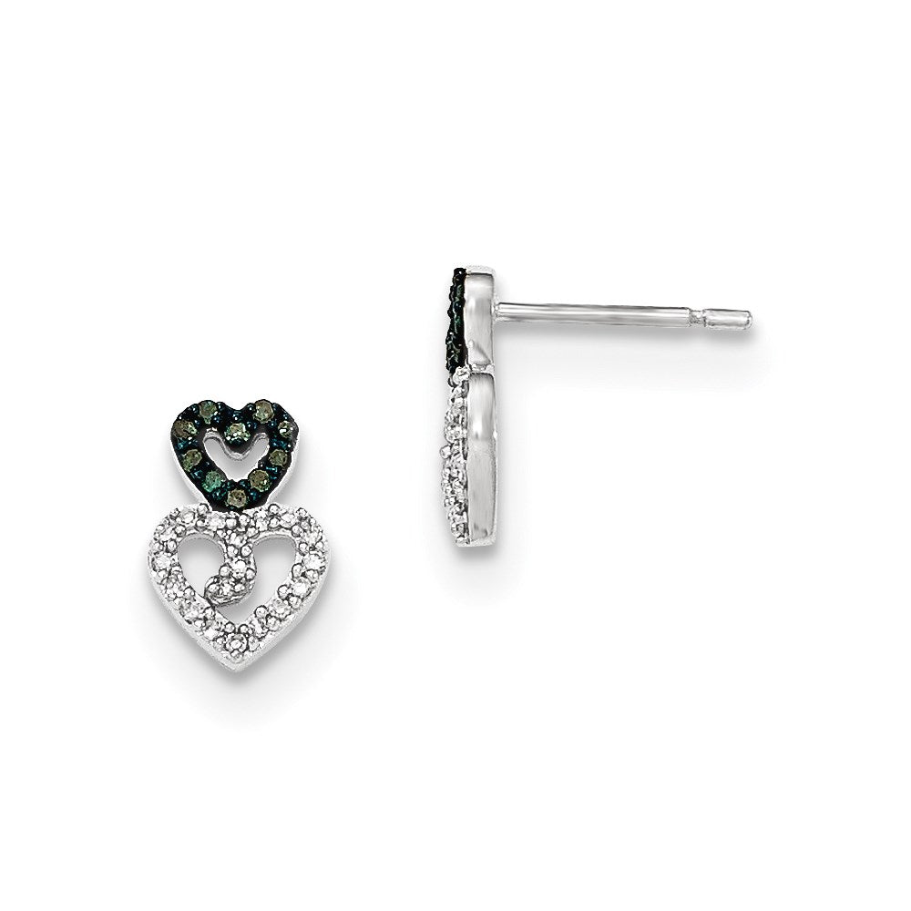 14K White Gold Polished Blue & White Real Diamond Black Rhodium Post Earrings