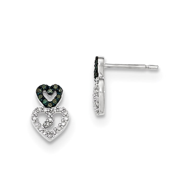 14K White Gold Polished Blue & White Real Diamond Black Rhodium Post Earrings