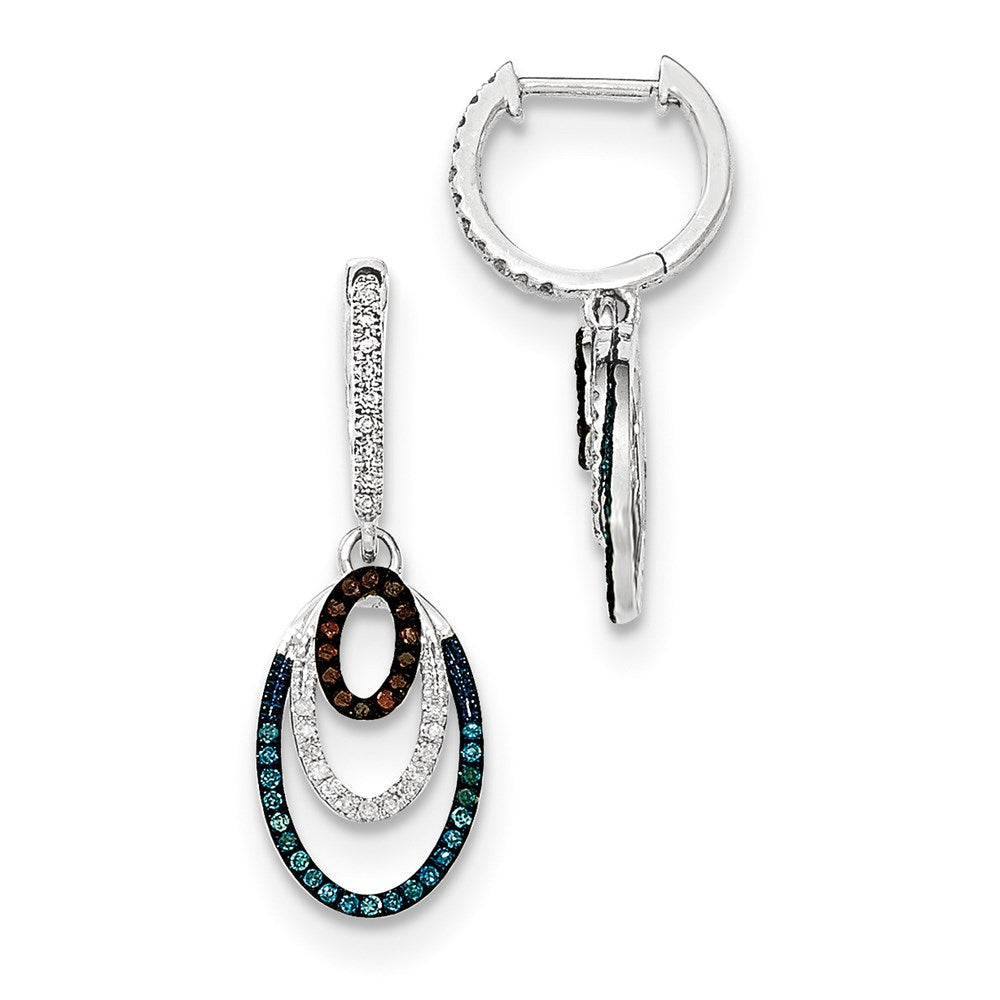14k White Gold Blue, White & Red Real Diamond Hinged Hoop Dangle Earrings XE2780AA