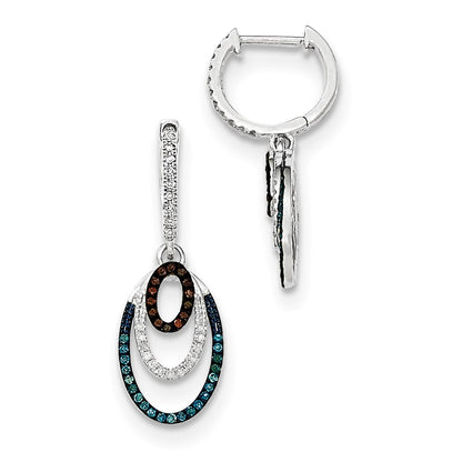 14k White Gold Blue, White & Red Real Diamond Hinged Hoop Dangle Earrings XE2780AA