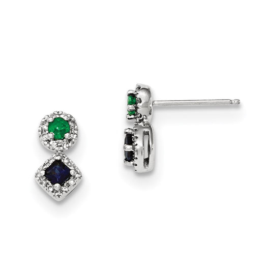14k White Gold Diamond Sapphire & Emerald Earrings