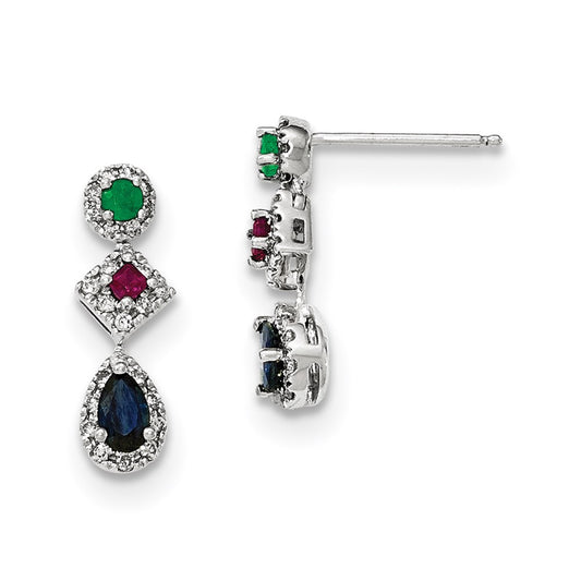 14k White Gold Diamond Sapphire Emerald & Ruby Earrings