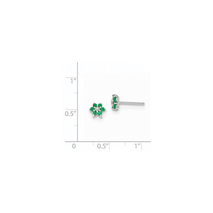 14K White Gold Polished Emerald & Real Diamond Post Earrings