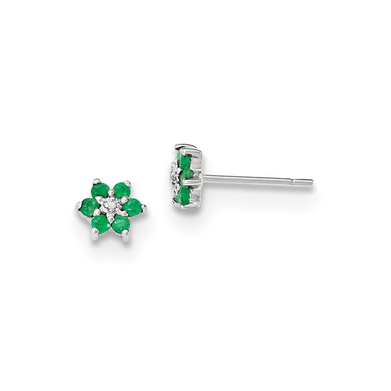 14K White Gold Polished Emerald & Real Diamond Post Earrings