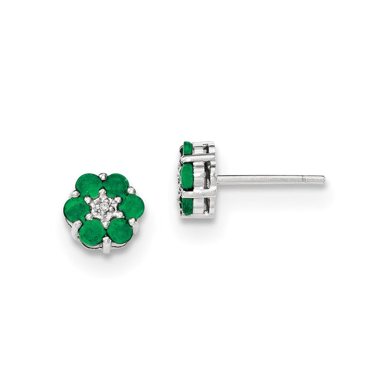 14K White Gold Polished Emerald & Real Diamond Post Earrings