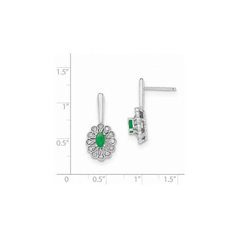 14k White Gold Real Diamond and Emerald Post Dangle Earrings