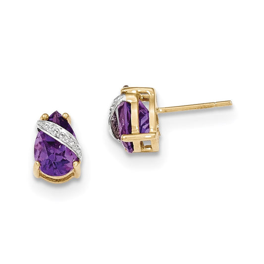14k Yellow Gold Amethyst and Real Diamond Post Earrings