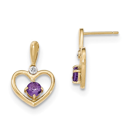 14k Yellow Gold Amethyst and Real Diamond Heart Post Dangle Earrings