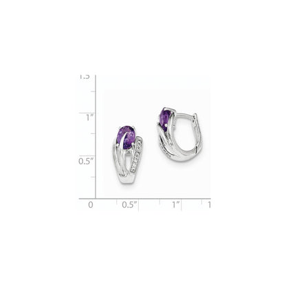 14K White Gold Real Diamond & Amethyst Hinged Hoop Earrings