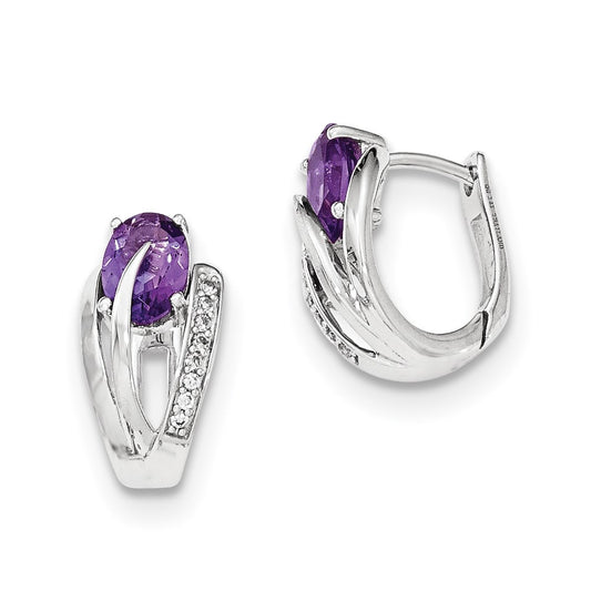 14K White Gold Real Diamond & Amethyst Hinged Hoop Earrings