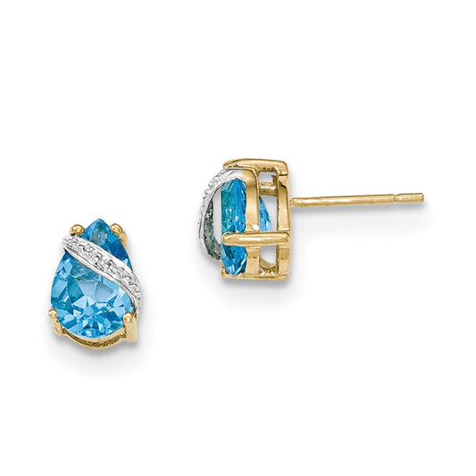 14k Yellow Gold Blue Topaz and Real Diamond Earrings