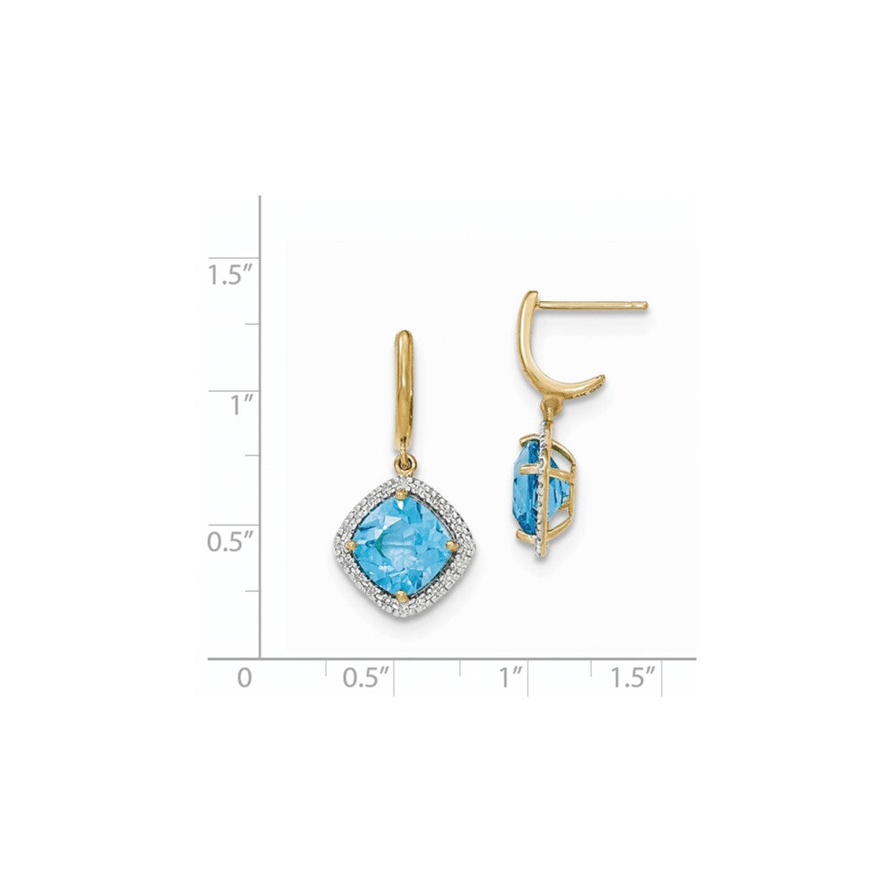 14k Yellow Gold Blue Topaz w/Real Diamond Halo Post Dangle Earrings