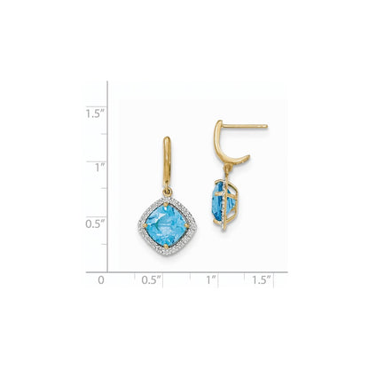 14k Yellow Gold Blue Topaz w/Real Diamond Halo Post Dangle Earrings