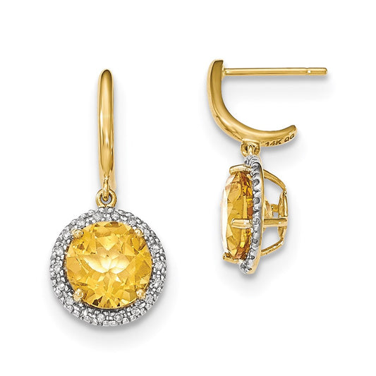 14k Yellow Gold Citrine w/Real Diamond Halo Post Dangle Earrings