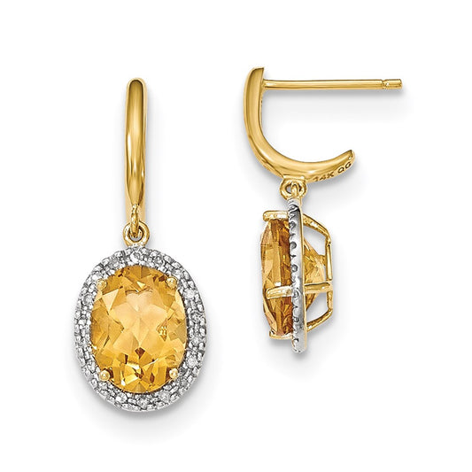 14k Yellow Gold Citrine w/Real Diamond Halo Post Dangle Earrings