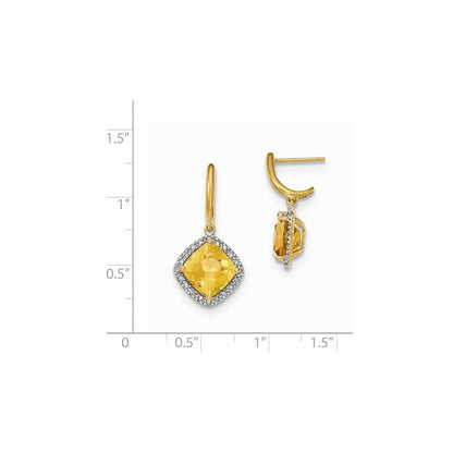 14k Yellow Gold Citrine w/Real Diamond Halo Post Dangle Earrings