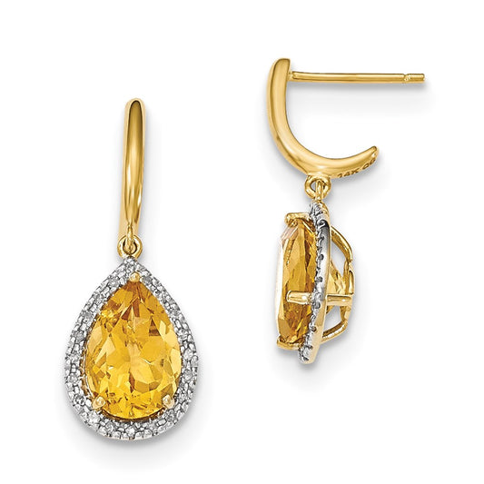 14k Yellow Gold Citrine w/Real Diamond Halo Post Dangle Earrings