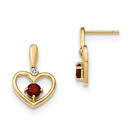 14k Yellow Gold Garnet and Real Diamond Heart Post Dangle Earrings