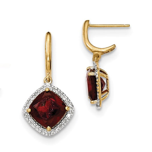 14k Yellow Gold Garnet w/Real Diamond Halo Post Dangle Earrings