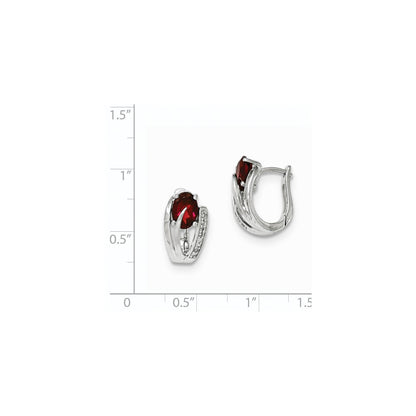 14K White Gold Real Diamond & Garnet Polished Hinged Hoop Earrings