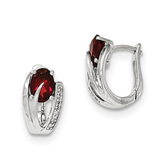 14K White Gold Real Diamond & Garnet Polished Hinged Hoop Earrings