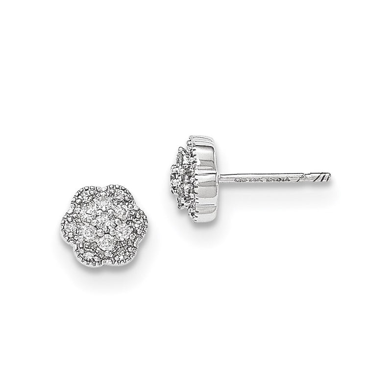 14K White Gold Real Diamond Flower Post Earrings
