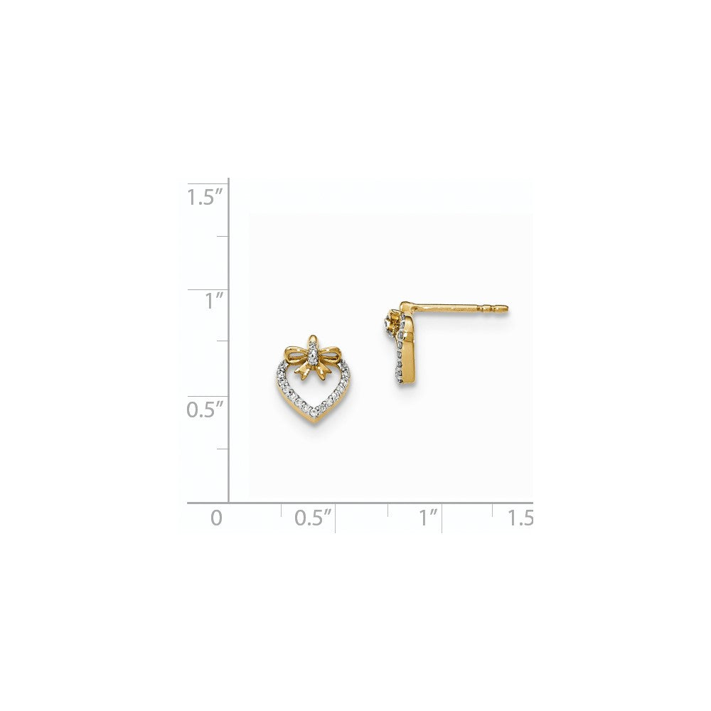 14k Yellow Gold Polished Real Diamond Heart w/bow Post Earrings