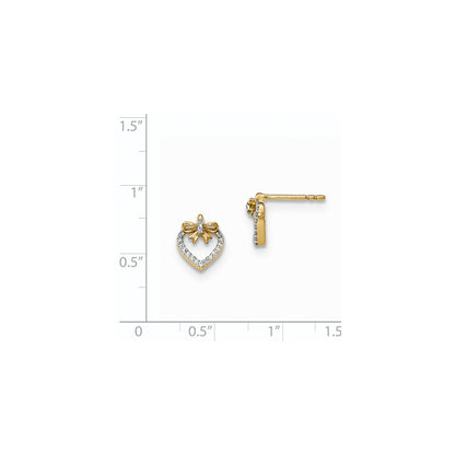 14k Yellow Gold Polished Real Diamond Heart w/bow Post Earrings