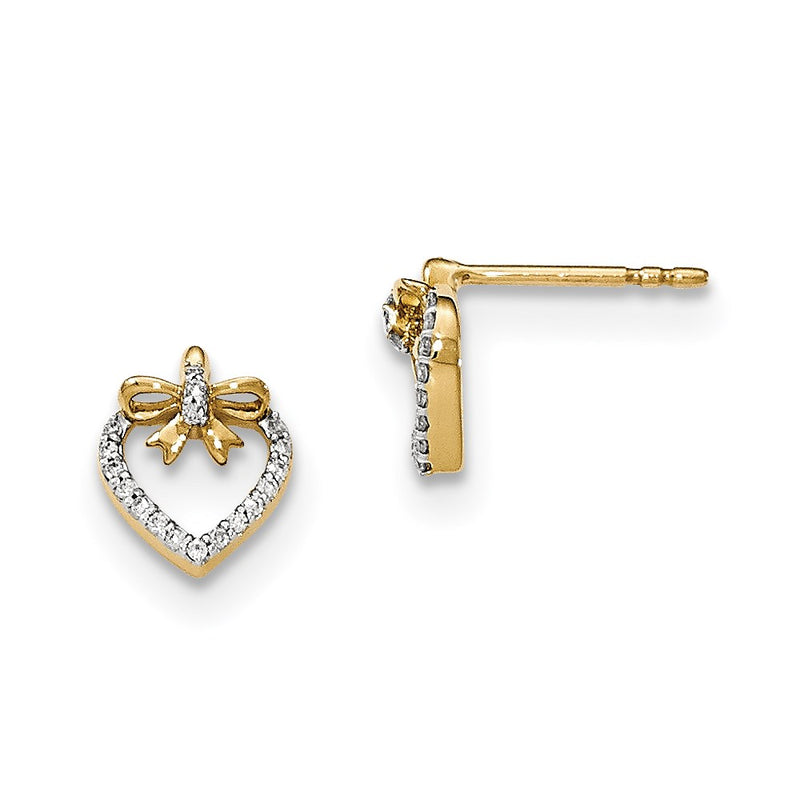 14k Yellow Gold Polished Real Diamond Heart w/bow Post Earrings