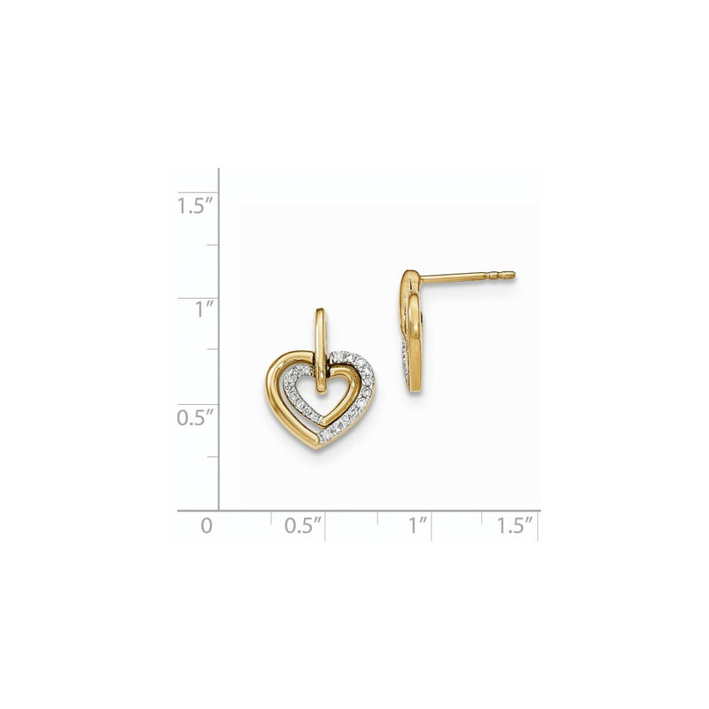 14k Yellow Gold Polished Real Diamond Heart w/heart Dangle Post Earrings
