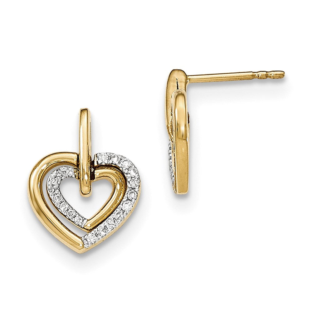 14k Yellow Gold Polished Real Diamond Heart w/heart Dangle Post Earrings