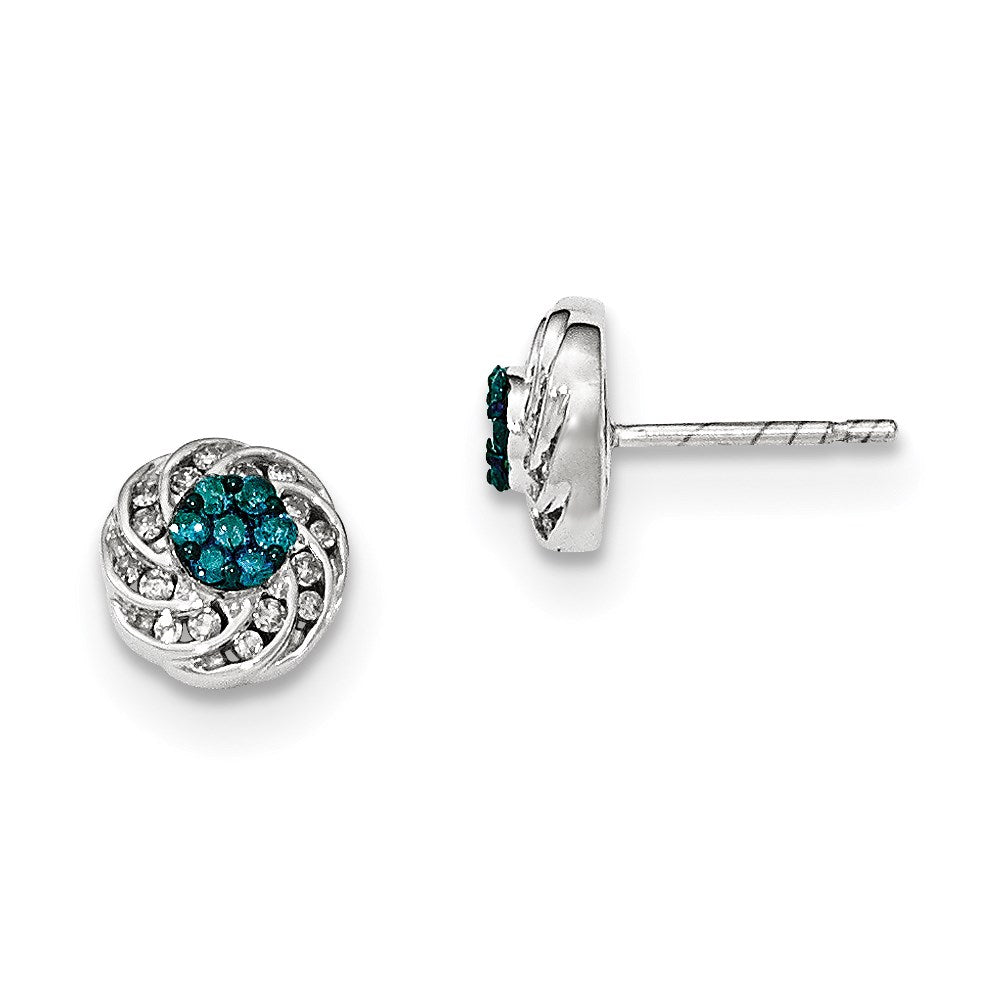 14K White Gold Blue and White Real Diamond Round Post Earrings