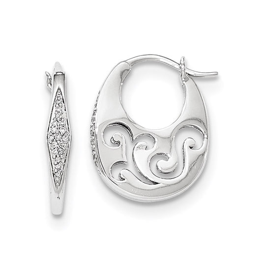 14k White Gold Real Diamond Cut-out design Oval Hoop Earrings