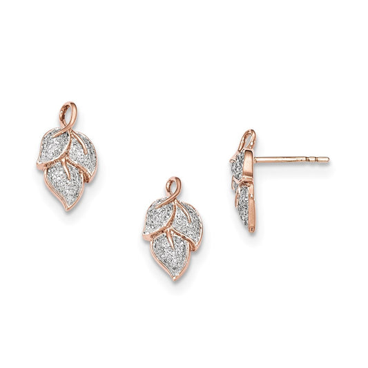 14k Rose Gold w/ Real Diamond Leaf Pendant and Post Earrings Set