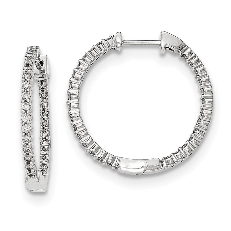 14K White Gold Polished Real Diamond In and Out Hinged Hoop Earrings