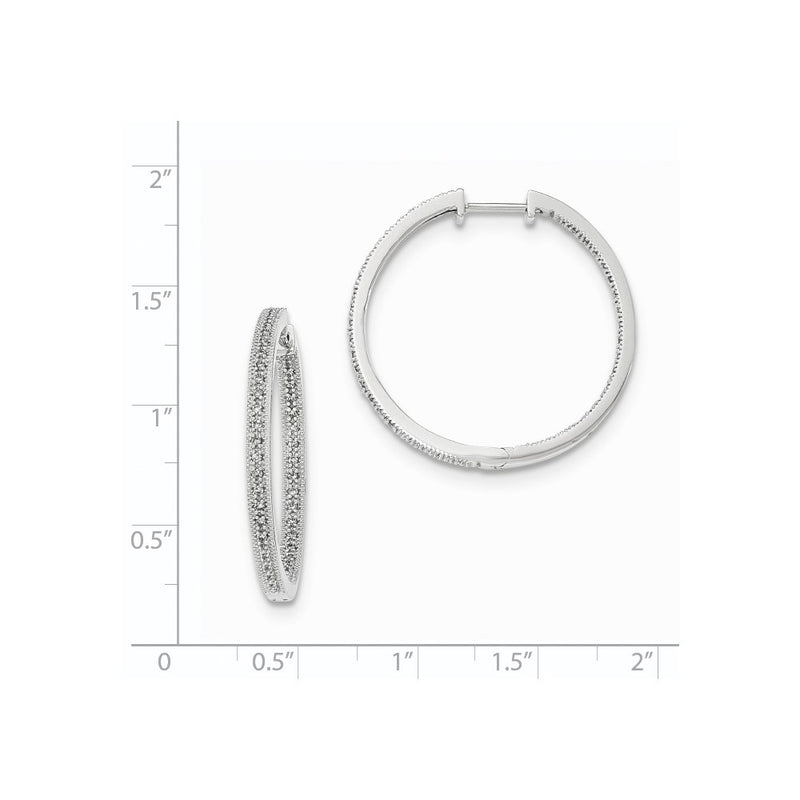14K White Gold Polished Real Diamond In and Out Hinged Hoop Earrings