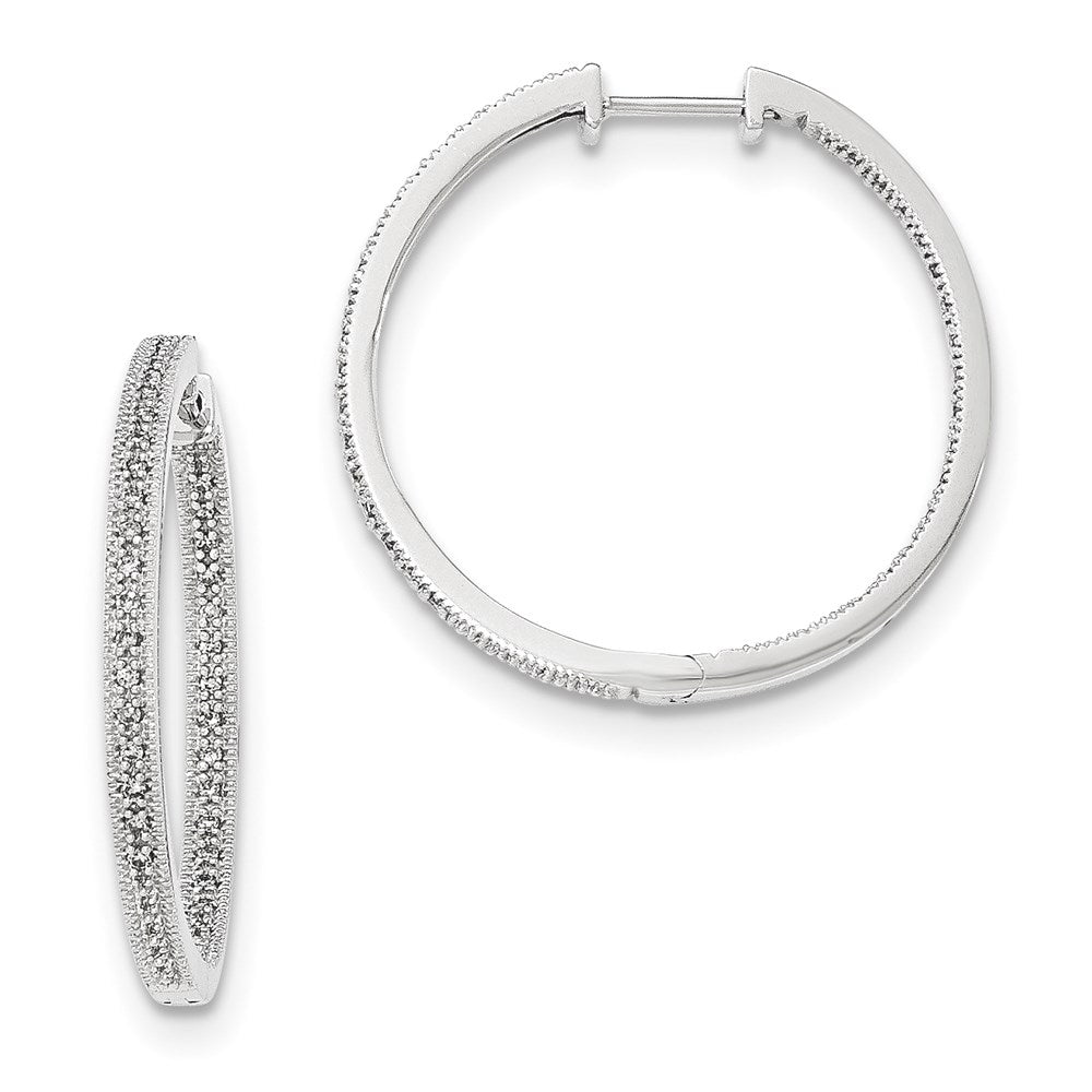 14K White Gold Polished Real Diamond In and Out Hinged Hoop Earrings