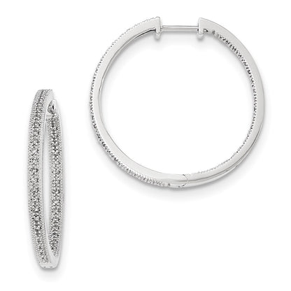 14K White Gold Polished Real Diamond In and Out Hinged Hoop Earrings